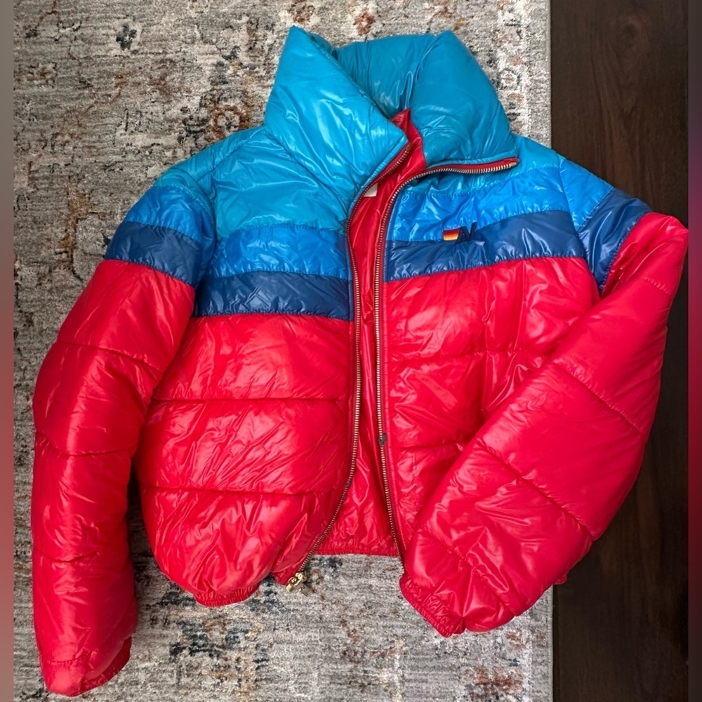 Aviator Nation Color Block Luxe Après Puffer Jacket Glossy Cherry XS Rare - Picture 5 of 16